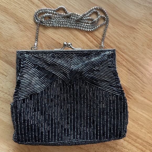 Vintage Magid Women's Pewter Beaded Black Evening Bag Snap Top Chain Strap Purse - Picture 5 of 5